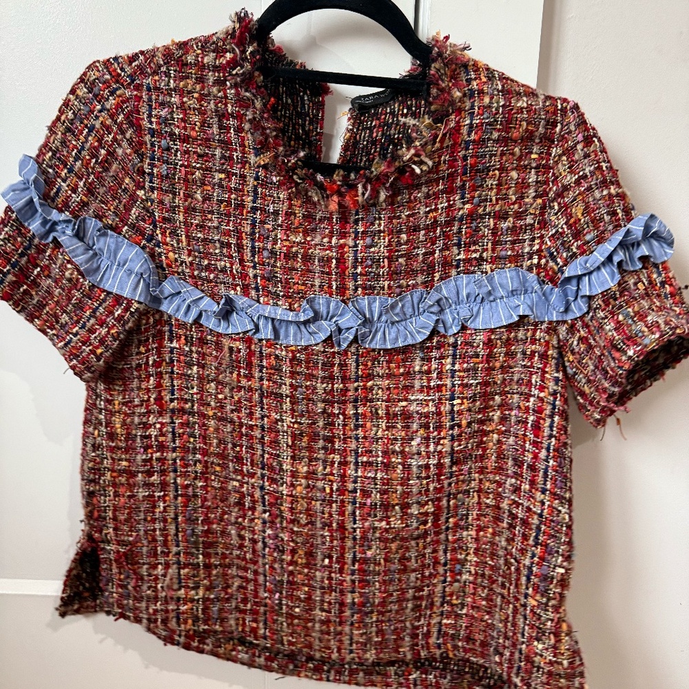 Zara Tweed Short Sleeve Blouse
